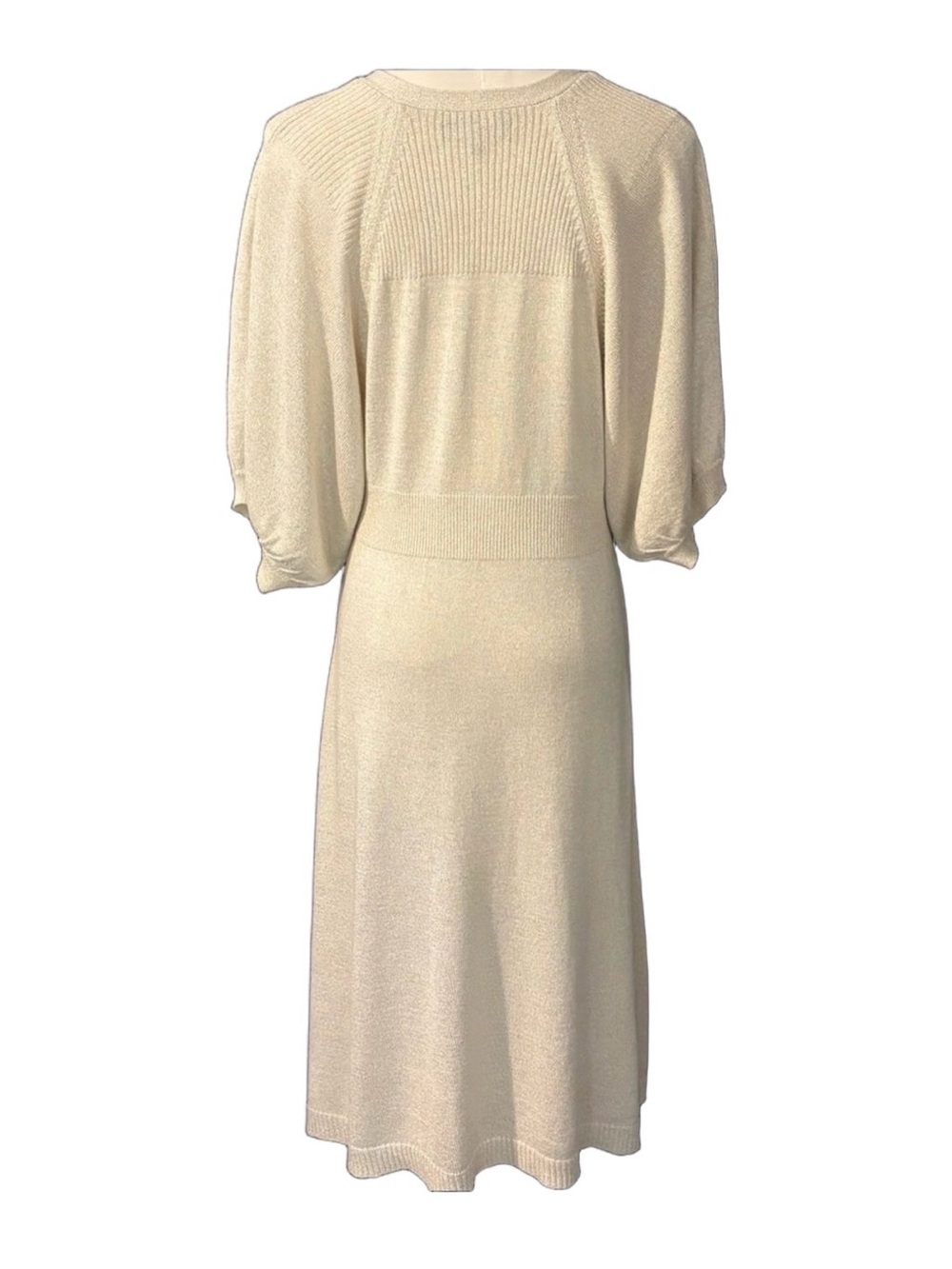 EXPRESS, Knit Oatmeal Beige Dress w/Gold Metallic Threads, Balloon Sleeves, Sz L - Picture 2 of 5
